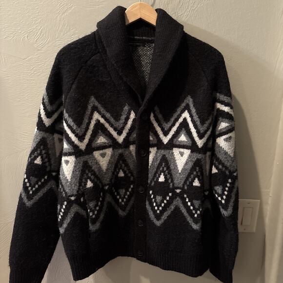 J Crew Fair Isle  Cardigan Wool Blend Sweater Men Large Black/White Grandpa - Picture 1 of 8